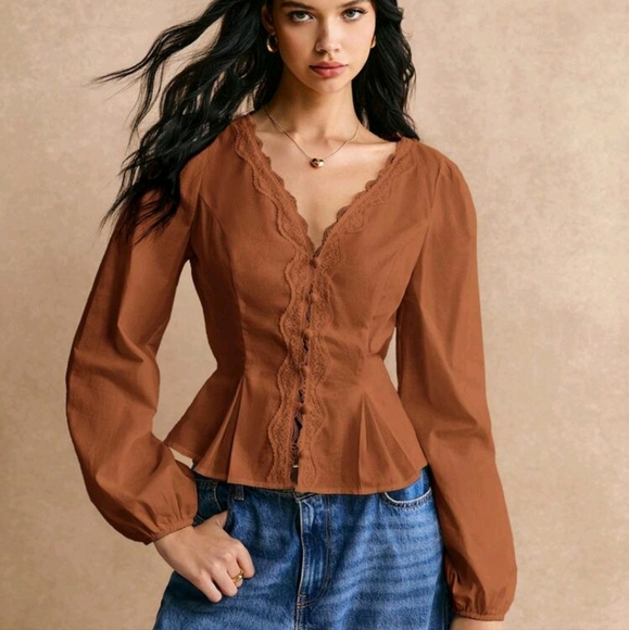 Cotton Elegant Lace Trimmed Waist Button Detail Shirt, Long Sleeve Shirt - Picture 6 of 6